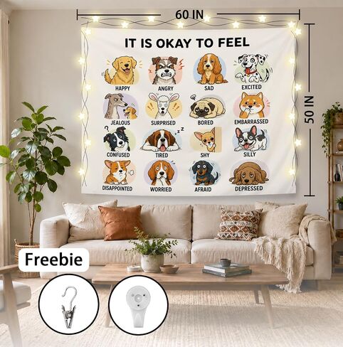 Elpwk Dog Feelings Emotions Mental Health Tapestry Wall Decor 50x60 Inch | SEL Classroom Tapestry, Mental Health Awareness Tapestries Wall Blanket for Therapy Counselor Calming Office Decor in Saudi Arabia