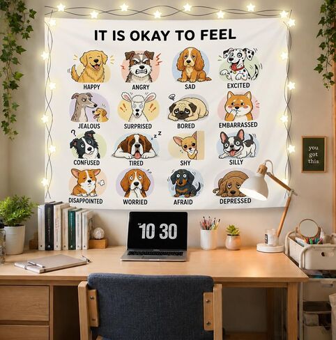 Elpwk Dog Feelings Emotions Mental Health Tapestry Wall Decor 50x60 Inch | SEL Classroom Tapestry, Mental Health Awareness Tapestries Wall Blanket for Therapy Counselor Calming Office Decor in Saudi Arabia