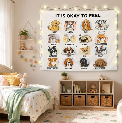 Elpwk Dog Feelings Emotions Mental Health Tapestry Wall Decor 50x60 Inch | SEL Classroom Tapestry, Mental Health Awareness Tapestries Wall Blanket for Therapy Counselor Calming Office Decor in Saudi Arabia