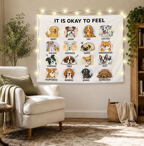 Elpwk Dog Feelings Emotions Mental Health Tapestry Wall Decor 50x60 Inch | SEL Classroom Tapestry, Mental Health Awareness Tapestries Wall Blanket for Therapy Counselor Calming Office Decor in Saudi Arabia