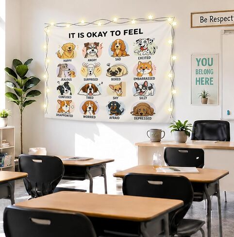 Elpwk Dog Feelings Emotions Mental Health Tapestry Wall Decor 50x60 Inch | SEL Classroom Tapestry, Mental Health Awareness Tapestries Wall Blanket for Therapy Counselor Calming Office Decor in Saudi Arabia