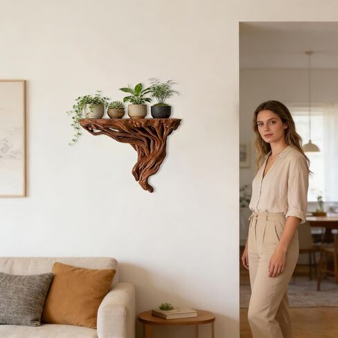 Shelves On Wall, Corner Display, 7.09x3.35x5.51 Inches Rustic Rack Support, Tree Root Storage with Finish, Mount Fixture with Utility, Home Accessories for Decor Book Photo Frame Flower Kitchen Office in Kuwait