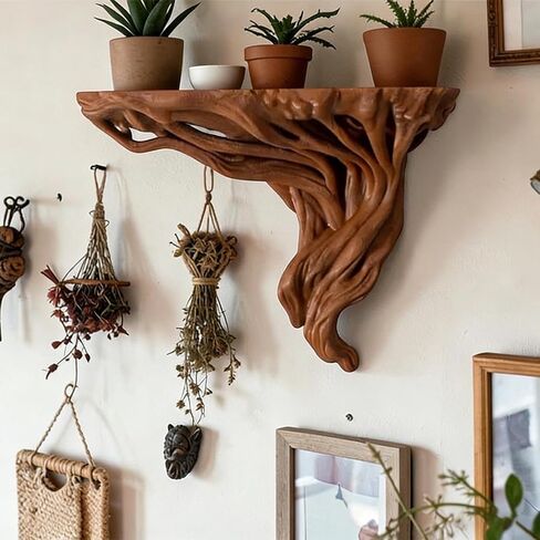 Shelves On Wall, Corner Display, 7.09x3.35x5.51 Inches Rustic Rack Support, Tree Root Storage with Finish, Mount Fixture with Utility, Home Accessories for Decor Book Photo Frame Flower Kitchen Office in Kuwait