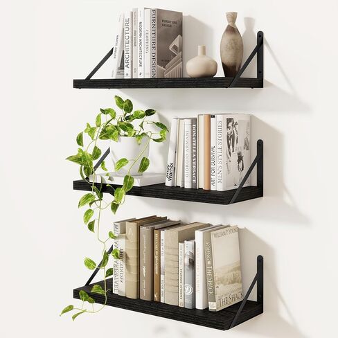 Book Shelf Set of 3, 16 inch Wall Mounted Bookshelf with Metal Brackets, Wall Shelves, Vintage Brown Book Shelves, Shelves on Wall, Wooden Bookshelves for Bedroom & Living Room in Kuwait