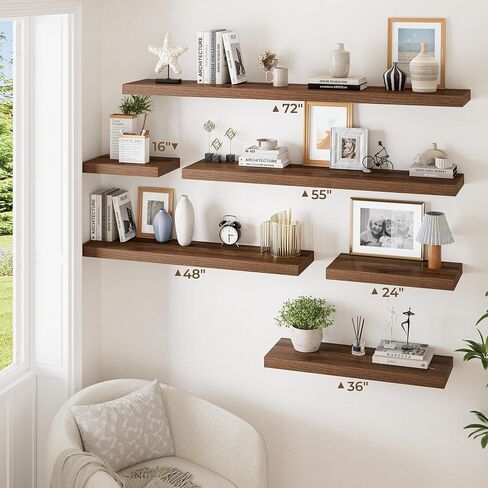 RICHFOCUS 72 Inch 12" D Floating Shelves for Wall 2 Pack Long Wall Shelves for Room Wall|Large Wood Hanging Shelf with Invisible Brackets for Bathroom Bedroom Kitchen Laundry Room, Walnut in Saudi Arabia