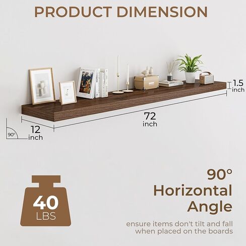 RICHFOCUS 72 Inch 12" D Floating Shelves for Wall 2 Pack Long Wall Shelves for Room Wall|Large Wood Hanging Shelf with Invisible Brackets for Bathroom Bedroom Kitchen Laundry Room, Walnut in Saudi Arabia