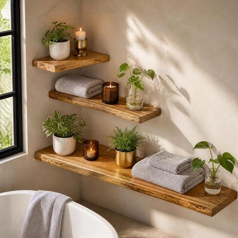 Dreamland 72 Inch Floating Shelves for Wall, Solid Elm Wood Live Edge Wall Shelves for Living Room, Bedroom, Kitchen, Bathroom, Wall Mounted Long Floating Shelf Set of 1, Natural in Saudi Arabia