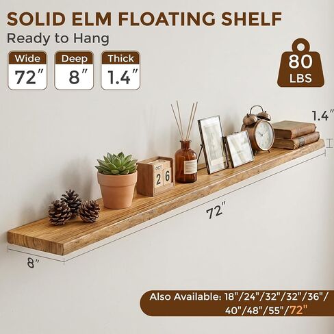 Dreamland 72 Inch Floating Shelves for Wall, Solid Elm Wood Live Edge Wall Shelves for Living Room, Bedroom, Kitchen, Bathroom, Wall Mounted Long Floating Shelf Set of 1, Natural in Saudi Arabia