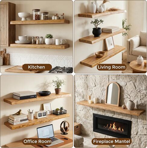 Dreamland 72 Inch Floating Shelves for Wall, Solid Elm Wood Live Edge Wall Shelves for Living Room, Bedroom, Kitchen, Bathroom, Wall Mounted Long Floating Shelf Set of 1, Natural in Saudi Arabia