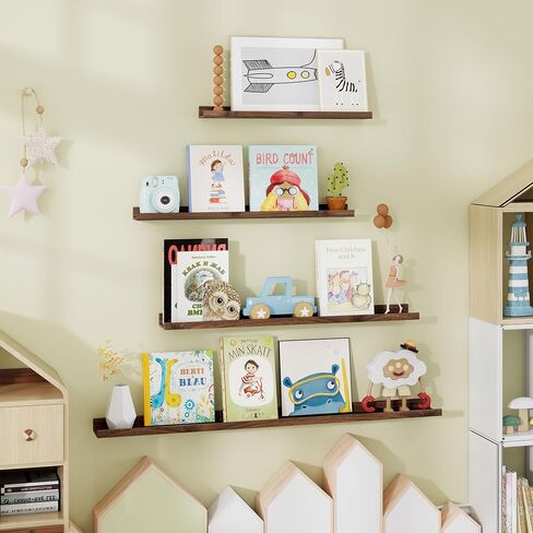 Fun Memories Picture Ledge Shelf - 30 Inches Floating Shelves Set of 4 - Nursery Bookshelves for Storage - Wood Bookshelf Wall Mounted for Bedroom - Living Room - Kitchen - Walnut Color in Saudi Arabia