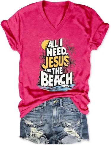 All I Need is Jesus and The Beach Shirt Christian T Shirts for Women Vacation Tops Summer Beach T-Shirts in Kuwait