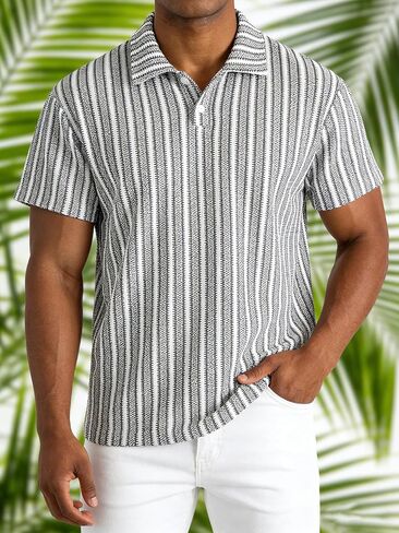 Men's Stretch Knit Jacquard Textured Geo Stripe Short Sleeve Polo Shirt – Casual Summer Golf Polo for Daily Wear in Kuwait