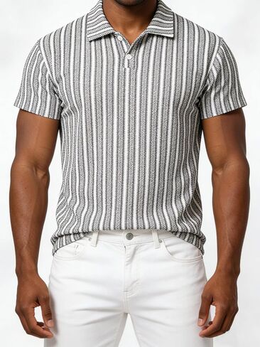 Men's Stretch Knit Jacquard Textured Geo Stripe Short Sleeve Polo Shirt – Casual Summer Golf Polo for Daily Wear in Kuwait