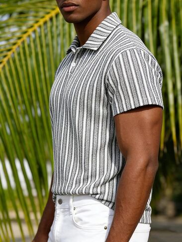 Men's Stretch Knit Jacquard Textured Geo Stripe Short Sleeve Polo Shirt – Casual Summer Golf Polo for Daily Wear in Kuwait