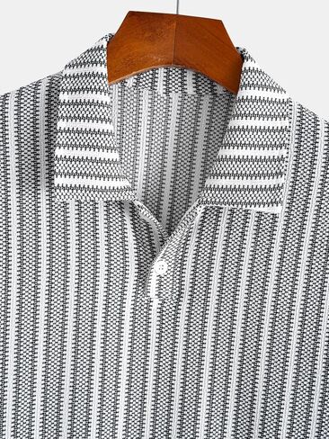 Men's Stretch Knit Jacquard Textured Geo Stripe Short Sleeve Polo Shirt – Casual Summer Golf Polo for Daily Wear in Kuwait