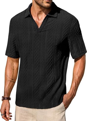 Mens Textured Polo Shirts Knit Hollow-Out Jacquard Casual Vintage V Neck Buttonless Shirt (S-XXL) in Saudi Arabia