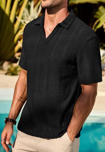 Mens Textured Polo Shirts Knit Hollow-Out Jacquard Casual Vintage V Neck Buttonless Shirt (S-XXL) in Saudi Arabia
