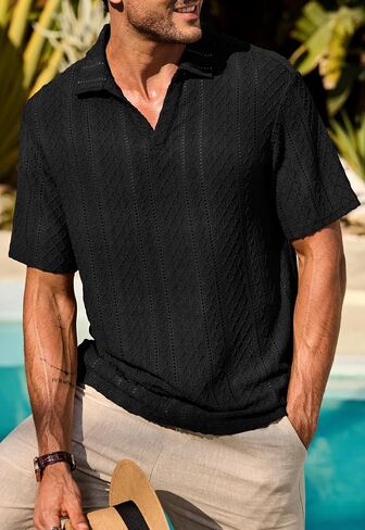 Mens Textured Polo Shirts Knit Hollow-Out Jacquard Casual Vintage V Neck Buttonless Shirt (S-XXL) in Saudi Arabia