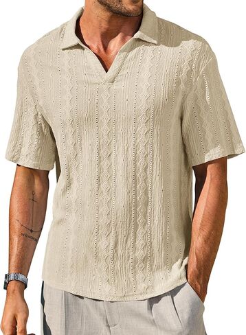 Mens Textured Polo Shirts Knit Hollow-Out Jacquard Casual Vintage V Neck Buttonless Shirt (S-XXL) in Saudi Arabia