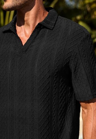 Mens Textured Polo Shirts Knit Hollow-Out Jacquard Casual Vintage V Neck Buttonless Shirt (S-XXL) in Saudi Arabia