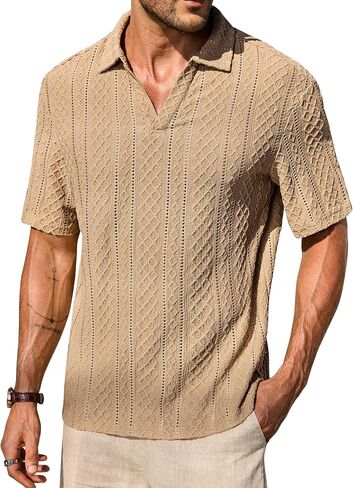 Mens Textured Polo Shirts Knit Hollow-Out Jacquard Casual Vintage V Neck Buttonless Shirt (S-XXL) in Saudi Arabia