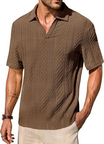 Mens Textured Polo Shirts Knit Hollow-Out Jacquard Casual Vintage V Neck Buttonless Shirt (S-XXL) in Saudi Arabia