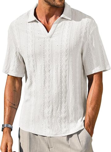 Mens Textured Polo Shirts Knit Hollow-Out Jacquard Casual Vintage V Neck Buttonless Shirt (S-XXL) in Saudi Arabia