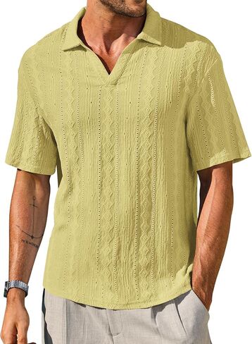 Mens Textured Polo Shirts Knit Hollow-Out Jacquard Casual Vintage V Neck Buttonless Shirt (S-XXL) in Saudi Arabia
