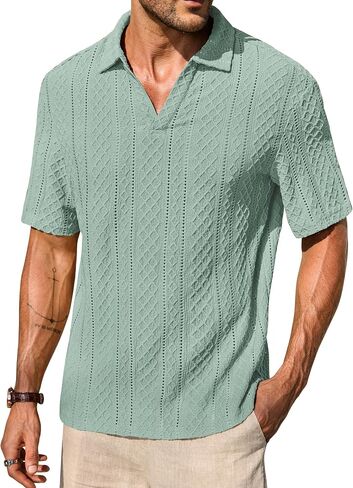 Mens Textured Polo Shirts Knit Hollow-Out Jacquard Casual Vintage V Neck Buttonless Shirt (S-XXL) in Saudi Arabia