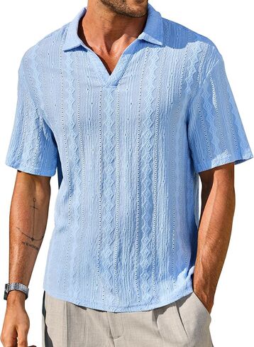 Mens Textured Polo Shirts Knit Hollow-Out Jacquard Casual Vintage V Neck Buttonless Shirt (S-XXL) in Saudi Arabia