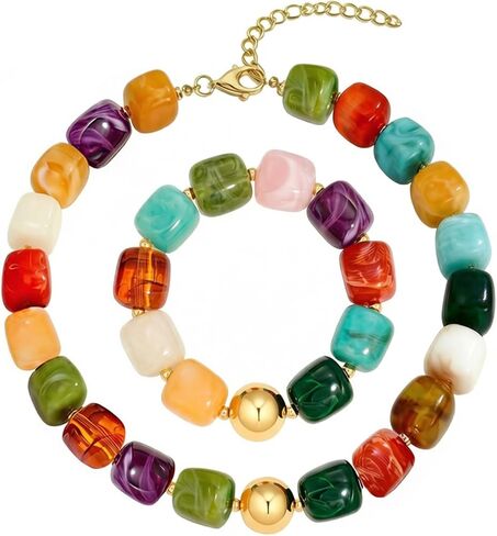 Colorful Chunky Beaded Necklaces and Bracelet for Women Blue Resin Bold Statement Beaded Necklaces Oversized Boho Beach Jewelry in Saudi Arabia