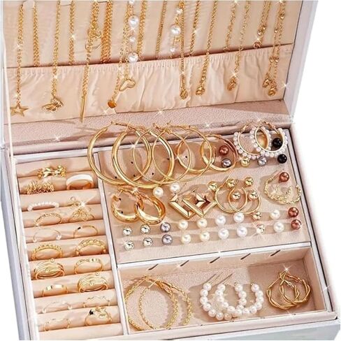86Pcs Middle Eastern Boho Vintage Jewelry Set, Butterfly Heart Faux Pearl Leaf Floral Knot Wide Band Necklace Rings Earrings Studs with Multiple Small Boxes for Women Date Night Holiday Party Vacation in Kuwait