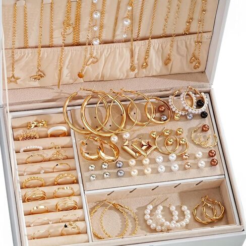 86Pcs Middle Eastern Boho Vintage Jewelry Set, Butterfly Heart Faux Pearl Leaf Floral Knot Wide Band Necklace Rings Earrings Studs with Multiple Small Boxes for Women Date Night Holiday Party Vacation in Kuwait