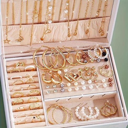 86Pcs Middle Eastern Boho Vintage Jewelry Set, Butterfly Heart Faux Pearl Leaf Floral Knot Wide Band Necklace Rings Earrings Studs with Multiple Small Boxes for Women Date Night Holiday Party Vacation in Kuwait