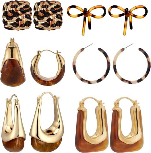 Sureio 6 Pairs Tortoise Shell Earrings for Women Leopard Resin Earrings Resin Brown Chunky Gold Hoops Jewelry Gift in Kuwait