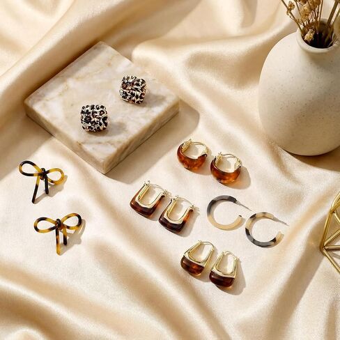 Sureio 6 Pairs Tortoise Shell Earrings for Women Leopard Resin Earrings Resin Brown Chunky Gold Hoops Jewelry Gift in Kuwait
