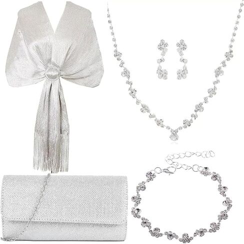 4-Piece Bridal Accessories Set, Silver Crystal Jewelry Collection with Clutch Purse, Necklace, Earrings, Wedding Evening Formal Wear women Jewelry set in Saudi Arabia