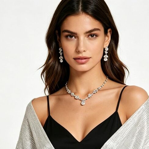 4-Piece Bridal Accessories Set, Silver Crystal Jewelry Collection with Clutch Purse, Necklace, Earrings, Wedding Evening Formal Wear women Jewelry set in Saudi Arabia