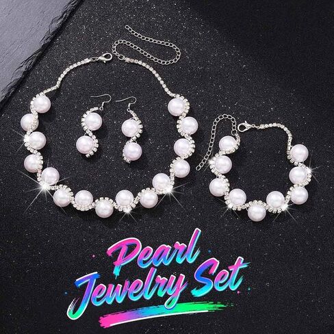 Sixexey Rhinestone Pearl Jewelry Set Bridal Wedding Jewelry White Prom Bracelet Earrings Jewelry for Women in Saudi Arabia
