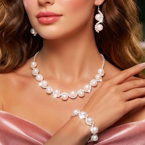 Sixexey Rhinestone Pearl Jewelry Set Bridal Wedding Jewelry White Prom Bracelet Earrings Jewelry for Women in Saudi Arabia