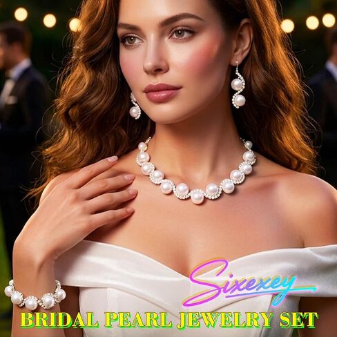 Sixexey Rhinestone Pearl Jewelry Set Bridal Wedding Jewelry White Prom Bracelet Earrings Jewelry for Women in Saudi Arabia