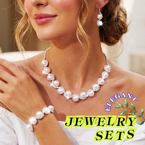 Sixexey Rhinestone Pearl Jewelry Set Bridal Wedding Jewelry White Prom Bracelet Earrings Jewelry for Women in Saudi Arabia