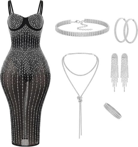 Cuffbow Rhinestone Dress for Women with Jewelry Set Rhinestone Evening Diamond Dress for Birthday Club Night Party in Kuwait