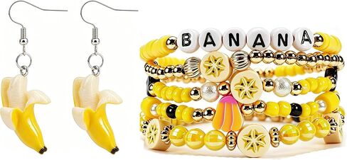 2PCS Fruit Banana Bracelets for Women Banana Drop Earrings Yellow Beaded Stackable Stretch Summer Beach Jewelry Accessories in Kuwait