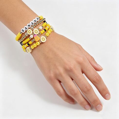 2PCS Fruit Banana Bracelets for Women Banana Drop Earrings Yellow Beaded Stackable Stretch Summer Beach Jewelry Accessories in Kuwait