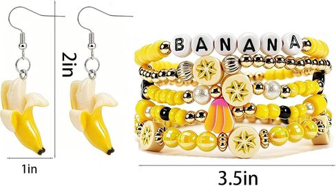 2PCS Fruit Banana Bracelets for Women Banana Drop Earrings Yellow Beaded Stackable Stretch Summer Beach Jewelry Accessories in Kuwait