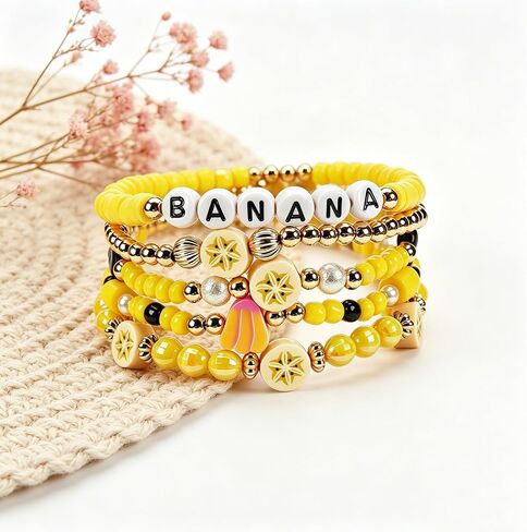 2PCS Fruit Banana Bracelets for Women Banana Drop Earrings Yellow Beaded Stackable Stretch Summer Beach Jewelry Accessories in Kuwait