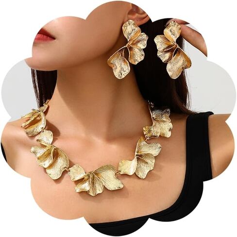 Chunky Gold Flower Leaf Necklace Earrings Set for Wome Dainty Golds Leaf Statement Necklace Set Party Wedding Prom Jewelry Set in Saudi Arabia