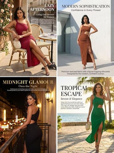 Aro Lora Womens Sexy One Shoulder Cut Out Midi Dress Ruched Side Slit Summer Beach Vacation Bodycon Party Long Dresses in Saudi Arabia