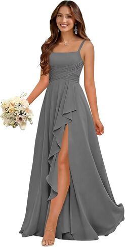 Junior Chiffon Bridesmaid Dresses Long for Women Ruched Square Neck Formal Dress with Slit in Saudi Arabia